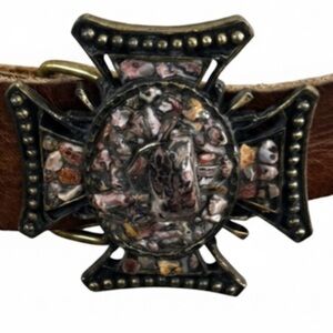 LeatherRock Vintage Brown Leather Belt with Ornate Stone Gothic Cross Buckle 34